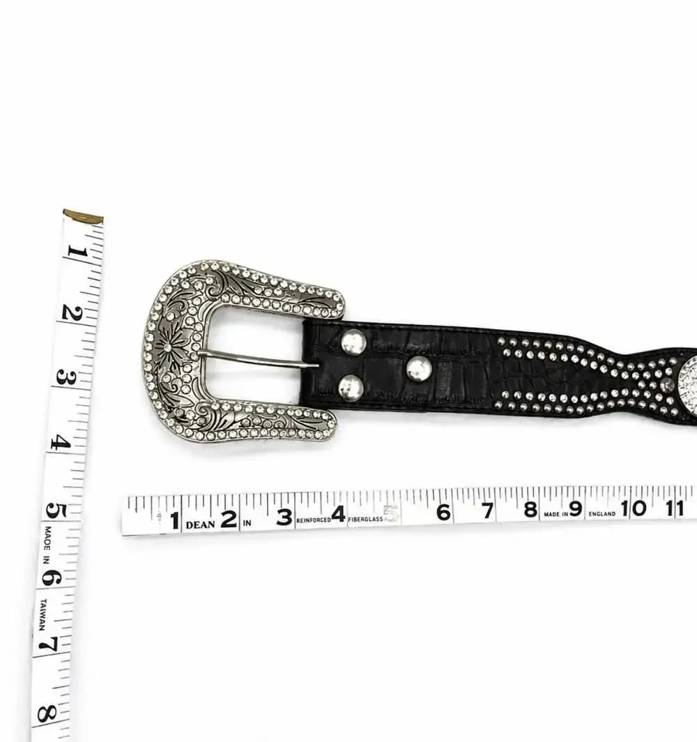 Nocona Black Croc Print Leather Belt Rhinestone Concho Western Cowgirl M